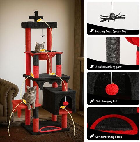 BYBYME Gothic Cat Tree for Halloween, 66in Tall Sturdy Furniture Set with Bed House, Hanging Toy, Scratching Board Sisal-Covered Posts, Multifunctional Cat Play Tower with Hammock（Black Red） in Kuwait