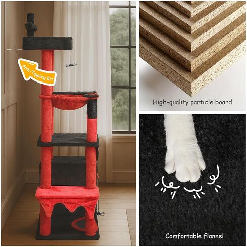 BYBYME Gothic Cat Tree for Halloween, 66in Tall Sturdy Furniture Set with Bed House, Hanging Toy, Scratching Board Sisal-Covered Posts, Multifunctional Cat Play Tower with Hammock（Black Red） in Kuwait