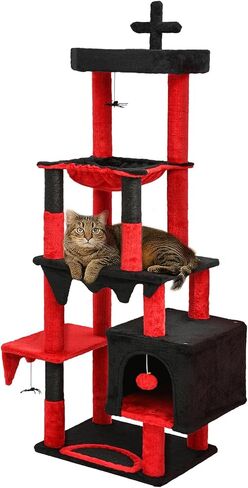 BYBYME Gothic Cat Tree for Halloween, 66in Tall Sturdy Furniture Set with Bed House, Hanging Toy, Scratching Board Sisal-Covered Posts, Multifunctional Cat Play Tower with Hammock（Black Red） in Kuwait