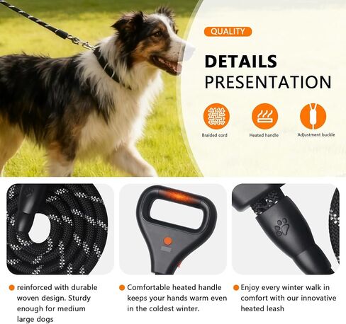 Rrechargeable Heated Dog Leash, Highly Reflective Threads Leash Rope with Rechargeable Hand Warmer for Medium Large Dogs, 1/2 inch - M in Kuwait