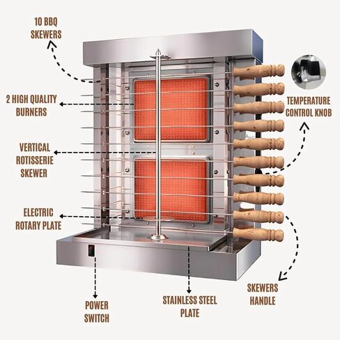 Homira Vertical Shawarma Machine - 2 Burner Rotisserie Grill, Doner Kebab and Tacos Al Pastor Machine with 10 Kebab Skewers in Saudi Arabia