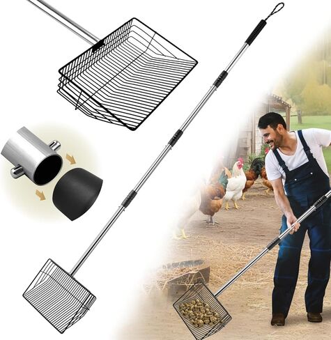 مغرفة فضلات الدجاج للرمل - مغرفة حظيرة بمقبض غير القابل للصدأ قابل للتعديل مقاس 24-68 بوصة، مجرفة غربلة 4 في 1 لملحقات تنظيف نفايات الدواجن (أسود) in Kuwait