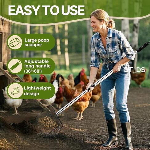 مغرفة فضلات الدجاج للرمل - مغرفة حظيرة بمقبض غير القابل للصدأ قابل للتعديل مقاس 24-68 بوصة، مجرفة غربلة 4 في 1 لملحقات تنظيف نفايات الدواجن (أسود) in Kuwait