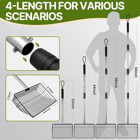 مغرفة فضلات الدجاج للرمل - مغرفة حظيرة بمقبض غير القابل للصدأ قابل للتعديل مقاس 24-68 بوصة، مجرفة غربلة 4 في 1 لملحقات تنظيف نفايات الدواجن (أسود) in Kuwait