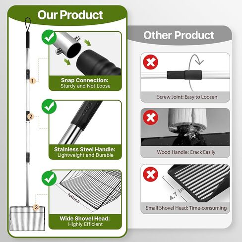 مغرفة فضلات الدجاج للرمل - مغرفة حظيرة بمقبض غير القابل للصدأ قابل للتعديل مقاس 24-68 بوصة، مجرفة غربلة 4 في 1 لملحقات تنظيف نفايات الدواجن (أسود) in Kuwait