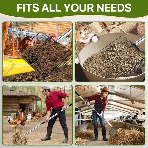 مغرفة فضلات الدجاج للرمل - مغرفة حظيرة بمقبض غير القابل للصدأ قابل للتعديل مقاس 24-68 بوصة، مجرفة غربلة 4 في 1 لملحقات تنظيف نفايات الدواجن (أسود) in Kuwait