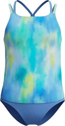 Speedo Girls' Swimsuit Two Piece Tankini Thin Strap, Wavy Enamel Blue, 7 in Kuwait