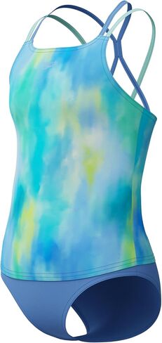 Speedo Girls' Swimsuit Two Piece Tankini Thin Strap, Wavy Enamel Blue, 7 in Kuwait