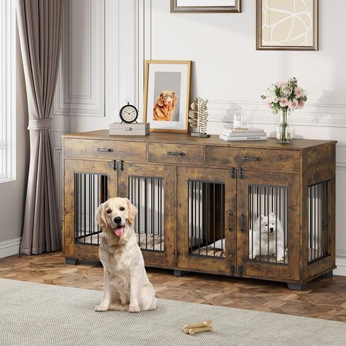 Dog Crate Furniture for 2 Dogs, 71'' XXL Indoor Dog Kennel with 3 Drawers and Removable Room Divider, Wooden Double Dog CrateTV Stand End Table with Double Doors for Large Medium Dogs, Brown in Saudi Arabia