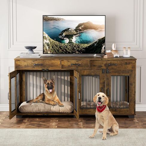 Dog Crate Furniture for 2 Dogs, 71'' XXL Indoor Dog Kennel with 3 Drawers and Removable Room Divider, Wooden Double Dog CrateTV Stand End Table with Double Doors for Large Medium Dogs, Brown in Saudi Arabia