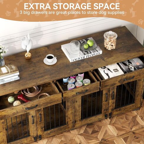 Dog Crate Furniture for 2 Dogs, 71'' XXL Indoor Dog Kennel with 3 Drawers and Removable Room Divider, Wooden Double Dog CrateTV Stand End Table with Double Doors for Large Medium Dogs, Brown in Saudi Arabia