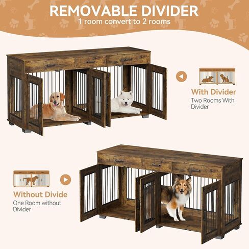 Dog Crate Furniture for 2 Dogs, 71'' XXL Indoor Dog Kennel with 3 Drawers and Removable Room Divider, Wooden Double Dog CrateTV Stand End Table with Double Doors for Large Medium Dogs, Brown in Saudi Arabia