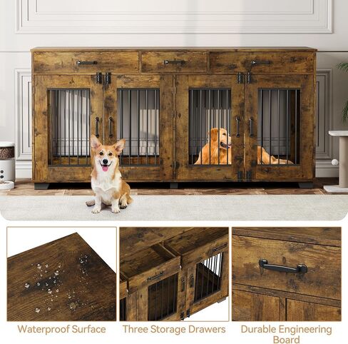 Dog Crate Furniture for 2 Dogs, 71'' XXL Indoor Dog Kennel with 3 Drawers and Removable Room Divider, Wooden Double Dog CrateTV Stand End Table with Double Doors for Large Medium Dogs, Brown in Saudi Arabia