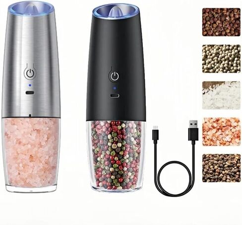 مطحنة ملح وفلفل كهربائية قابلة لإعادة الشحن عبر USB، خشونة قابلة للتعديل، مطحنة توابل ذات سعة كبيرة، طبخ المطبخ (مجموعة سوداء) in Kuwait