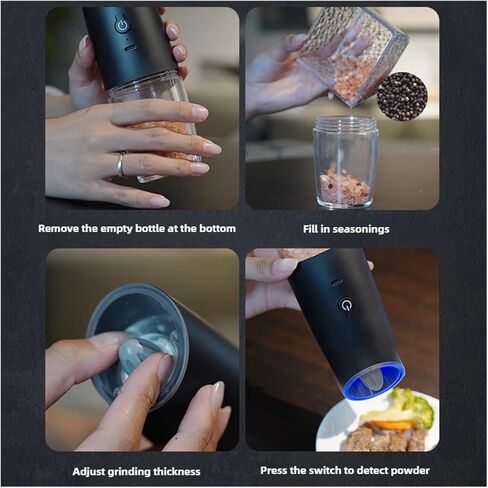 مطحنة ملح وفلفل كهربائية قابلة لإعادة الشحن عبر USB، خشونة قابلة للتعديل، مطحنة توابل ذات سعة كبيرة، طبخ المطبخ (مجموعة سوداء) in Kuwait