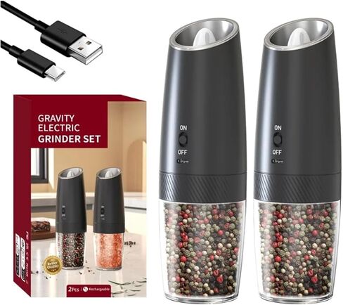 مطحنة فلفل ملح كهربائية قابلة لإعادة الشحن عبر USB، خشونة قابلة للتعديل، مطحنة مسحوق فلفل مطحون طازج، طبخ المطبخ (قطعتان باللون الأسود) in Kuwait