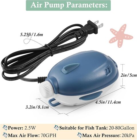 Dirvin 2W 2.5W Silent Aquarium Air Pump -Dual Motor 45GPH/70GPH Small Oxygen Pump, Adjustable Aquarium Aerator with Accessories for Up to 80 Gallon Fish Tank in Kuwait