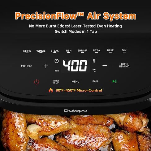 مقلاة هوائية 8 في 1، مقلاة هوائية سعة 4.5 كيو تي، موفرة للمساحة ومدمجة مع محرك بتيار مستمر، طهي سريع ومقرمش، سرعة مروحة قابلة للتعديل، زيت أقل بنسبة 95% لوجبات عائلية صحية، آمنة للاستخدام في غسالة الأطباق in Kuwait