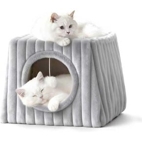 Indoor Cat House - Large Cat Bed Cave with Fluffy Balls and Scratch Pads, Foldable House and Apartment with Pads, Suitable for Multiple Cats (Deep Grey, Large) in Kuwait