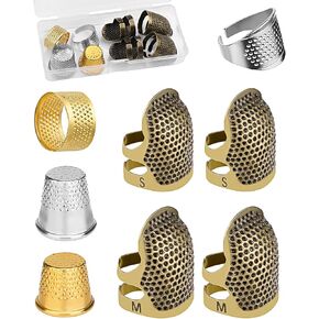 8 Pcs Sewing Thimble + 30 Pcs Sewing Needles, Finger Protector Fingertip Thimble Adjustable Metal Bronze Sewing Thimble Rings and Leather Coin Thimble for Needlework, Hand Embroidery Craft in Kuwait