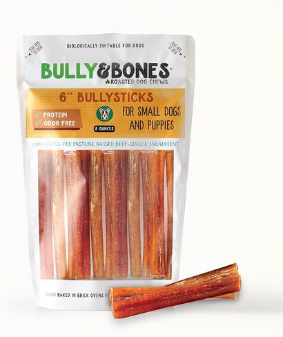 Bully & Bones 6 Inch Odor Free Bully Sticks (8 Ounces) for Small Dogs and Puppies. Healthy Single-Ingredient Beef chew Treats Crafted to Stimulate Your Dog’s Taste Buds. 6" Bully Sticks 8oz. in Kuwait