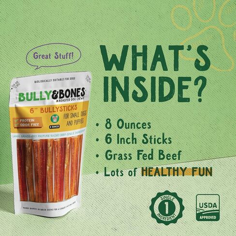 Bully & Bones 6 Inch Odor Free Bully Sticks (8 Ounces) for Small Dogs and Puppies. Healthy Single-Ingredient Beef chew Treats Crafted to Stimulate Your Dog’s Taste Buds. 6" Bully Sticks 8oz. in Kuwait