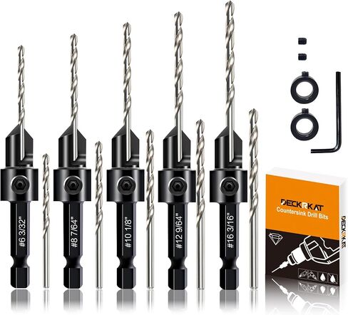 5-pc Woodworking Countersink Counterbore Drill Bit Set 3in1 for #6 8 10 12 16 Screws, M2 Pilot Drill Bits Adjustable Depth, 82-Degree Chamfer with Stop, 1/4" Hex Shank, Includes 2 Allen Wrenches in Saudi Arabia