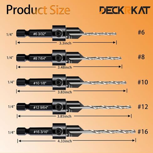 5-pc Woodworking Countersink Counterbore Drill Bit Set 3in1 for #6 8 10 12 16 Screws, M2 Pilot Drill Bits Adjustable Depth, 82-Degree Chamfer with Stop, 1/4" Hex Shank, Includes 2 Allen Wrenches in Saudi Arabia