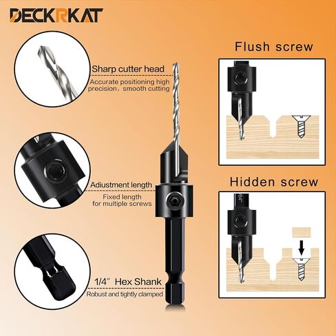 5-pc Woodworking Countersink Counterbore Drill Bit Set 3in1 for #6 8 10 12 16 Screws, M2 Pilot Drill Bits Adjustable Depth, 82-Degree Chamfer with Stop, 1/4" Hex Shank, Includes 2 Allen Wrenches in Saudi Arabia