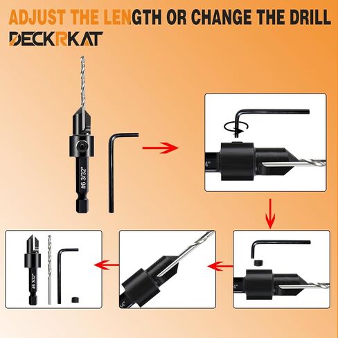 5-pc Woodworking Countersink Counterbore Drill Bit Set 3in1 for #6 8 10 12 16 Screws, M2 Pilot Drill Bits Adjustable Depth, 82-Degree Chamfer with Stop, 1/4" Hex Shank, Includes 2 Allen Wrenches in Saudi Arabia