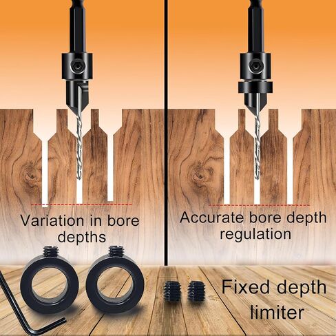 5-pc Woodworking Countersink Counterbore Drill Bit Set 3in1 for #6 8 10 12 16 Screws, M2 Pilot Drill Bits Adjustable Depth, 82-Degree Chamfer with Stop, 1/4" Hex Shank, Includes 2 Allen Wrenches in Saudi Arabia