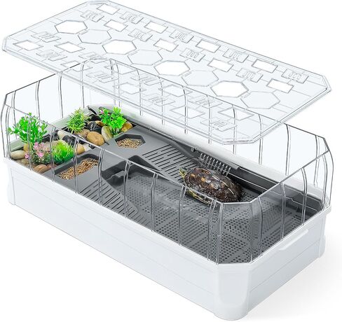 Turtle Habitat Spacious Turtle Tank Kit with Rain Shower Filter SPA & Easy Drain - Perfect for Baby Turtles, Red Eared Sliders Tortoises White, 18.2×9.2×8 Inch in Saudi Arabia