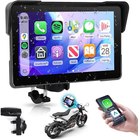 Rimoody 7 Inch Motorcycle Carplay Screen with Wireless Carplay Android Auto for Car, IP67 Waterproof Touchscreen, Bluetooth, GPS Navigation, EQ, Mirror Link, Voice Control in Saudi Arabia