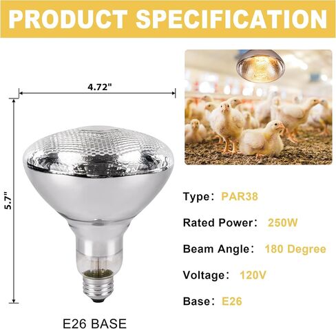 250 Watt Heat Lamp Bulbs for Chickens, PAR38 Clear Glass Brooder Heat Lamp, Infrared Reflector Heat Bulbs for Pets, Bathroom, Food, Light Therapy 2 Pack in Saudi Arabia