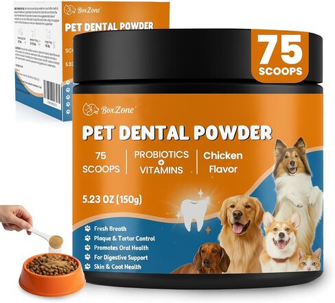 Dog Teeth Cleaning Powder - Plaque & Tartar Control, Breath Fresheners with Natural Seaweed, Probiotics, Vitamins, Turmeric & Enzymes for All Dogs & Cats (Chicken Flavor, 75 Scoops) in Saudi Arabia