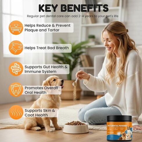 Dog Teeth Cleaning Powder - Plaque & Tartar Control, Breath Fresheners with Natural Seaweed, Probiotics, Vitamins, Turmeric & Enzymes for All Dogs & Cats (Chicken Flavor, 75 Scoops) in Saudi Arabia