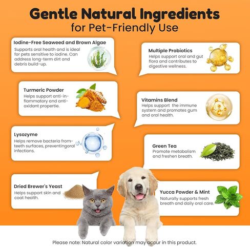 Dog Teeth Cleaning Powder - Plaque & Tartar Control, Breath Fresheners with Natural Seaweed, Probiotics, Vitamins, Turmeric & Enzymes for All Dogs & Cats (Chicken Flavor, 75 Scoops) in Saudi Arabia