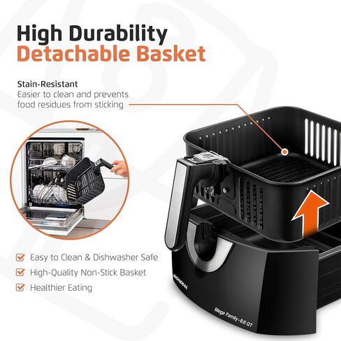 مقلاة هوائية مونديا - مقلاة هوائية كبيرة جدًا سعة 8.6 لتر، 2 وحدة تحكم بسيطة في القرص، 1800 واط - تقنية توزيع الحرارة السريعة، طهي منخفض الدهون وسعرات حرارية أقل - سلة مربعة قابلة للإزالة - أسود in Kuwait