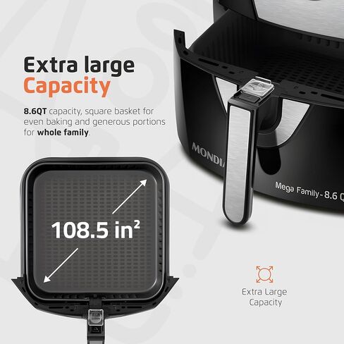 مقلاة هوائية مونديا - مقلاة هوائية كبيرة جدًا سعة 8.6 لتر، 2 وحدة تحكم بسيطة في القرص، 1800 واط - تقنية توزيع الحرارة السريعة، طهي منخفض الدهون وسعرات حرارية أقل - سلة مربعة قابلة للإزالة - أسود in Kuwait