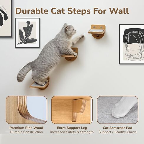 أرفف حائط للقطط بوزن 45 رطلاً مع 3 خطوات مضادة للانزلاق، وأثاث ورف على جدران القطط مثبتة لتوفير المساحة مع وسادة قابلة للغسل للتسلق، ورف داخلي للقطط الكبيرة (خطوات حائط طبيعية للقطط) in Kuwait