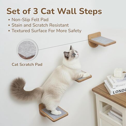 أرفف حائط للقطط بوزن 45 رطلاً مع 3 خطوات مضادة للانزلاق، وأثاث ورف على جدران القطط مثبتة لتوفير المساحة مع وسادة قابلة للغسل للتسلق، ورف داخلي للقطط الكبيرة (خطوات حائط طبيعية للقطط) in Kuwait
