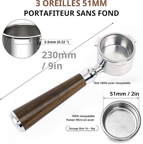 51mm Bottomless Portafilter for Delonghi ECP3420, EC155, BCO430, EC260 | 2 Ears Stainless Steel with Walnut Handle & Double Shot Basket(51MM used onDelonghi ECP3420/EC155 | 2 Ears) in Saudi Arabia