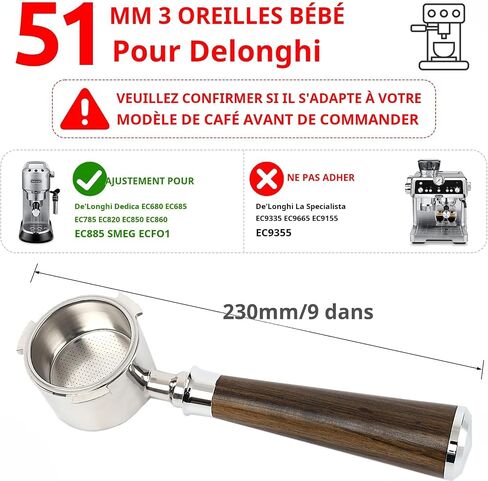 51mm Bottomless Portafilter for Delonghi ECP3420, EC155, BCO430, EC260 | 2 Ears Stainless Steel with Walnut Handle & Double Shot Basket(51MM used onDelonghi ECP3420/EC155 | 2 Ears) in Saudi Arabia