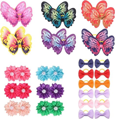 36 Pcs Small Dog Hair Bows with Rubber Bands Handmade Tiny Pet Grooming Accessories Butterfly Small Dog Knotted Bows Multicolor Pearls Flower Elastic Hair Ties Bands for Puppy Cats Pets in Saudi Arabia