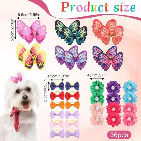 36 Pcs Small Dog Hair Bows with Rubber Bands Handmade Tiny Pet Grooming Accessories Butterfly Small Dog Knotted Bows Multicolor Pearls Flower Elastic Hair Ties Bands for Puppy Cats Pets in Saudi Arabia