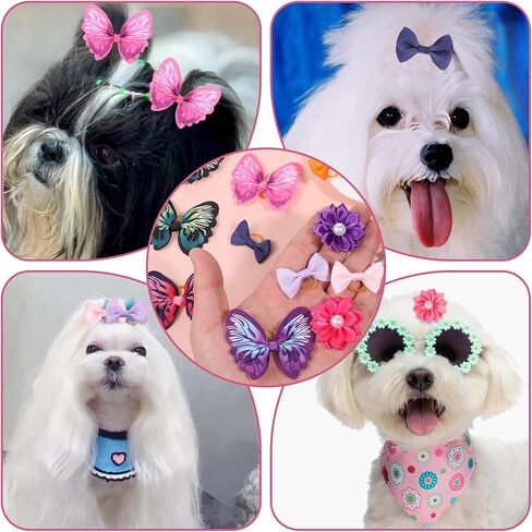 36 Pcs Small Dog Hair Bows with Rubber Bands Handmade Tiny Pet Grooming Accessories Butterfly Small Dog Knotted Bows Multicolor Pearls Flower Elastic Hair Ties Bands for Puppy Cats Pets in Saudi Arabia