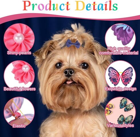 36 Pcs Small Dog Hair Bows with Rubber Bands Handmade Tiny Pet Grooming Accessories Butterfly Small Dog Knotted Bows Multicolor Pearls Flower Elastic Hair Ties Bands for Puppy Cats Pets in Saudi Arabia