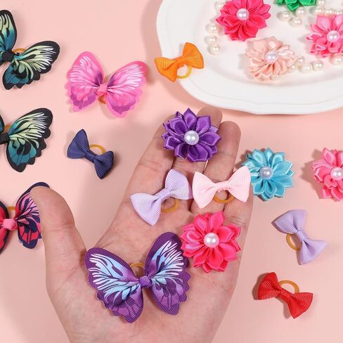 36 Pcs Small Dog Hair Bows with Rubber Bands Handmade Tiny Pet Grooming Accessories Butterfly Small Dog Knotted Bows Multicolor Pearls Flower Elastic Hair Ties Bands for Puppy Cats Pets in Saudi Arabia