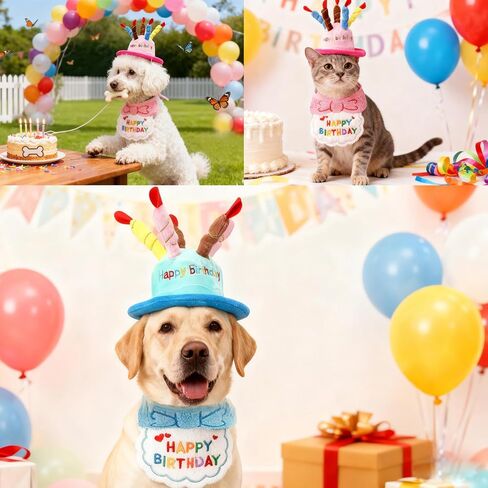 Dog Birthday Cake Hat & Bandana Scarfs Set Blue, Cute Dog Happy Birthday Hat Pet Cap Headwear Hat with 5 Colorful Candles, Dog/Cat Birthday Party Supplies Decorations (Blue) in Saudi Arabia