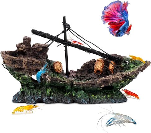Big Ship Aquarium Decoration Resin - Large Weathered Sunken Shipwreck with Small Hole,Centerpiece for Fish Tank - Approx. 10" L x 4.5" W x 5.3" H(Big Ship) in Saudi Arabia